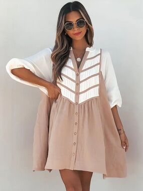 Flowy V-Neck Button Front Dress in Beige and White